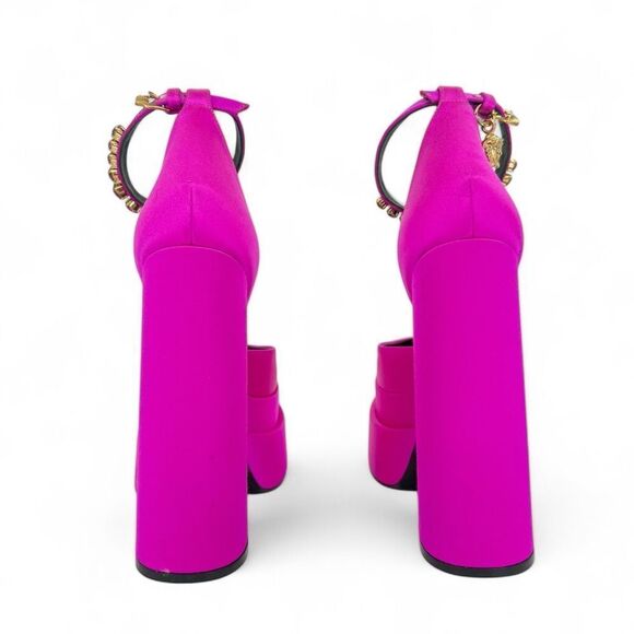 VERSACE Aevitas Fuchsia Crystal-Embellished Platform Block Heel Pumps Si… - Picture 7 of 17